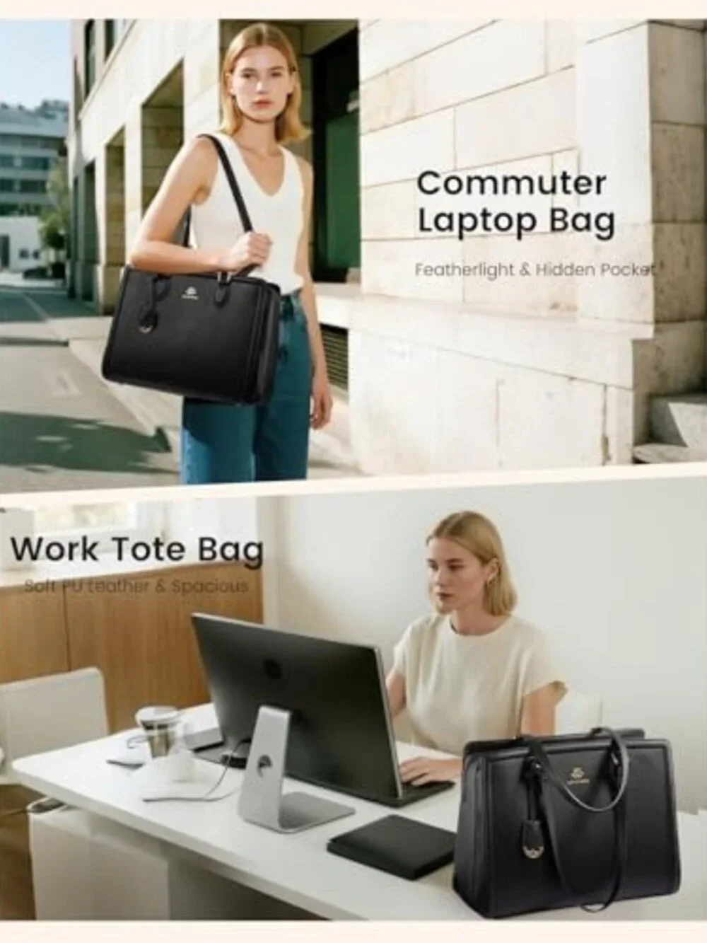 Stylish Large Capacity Leather Laptop Tote Bag, Waterproof Work Bag for Women